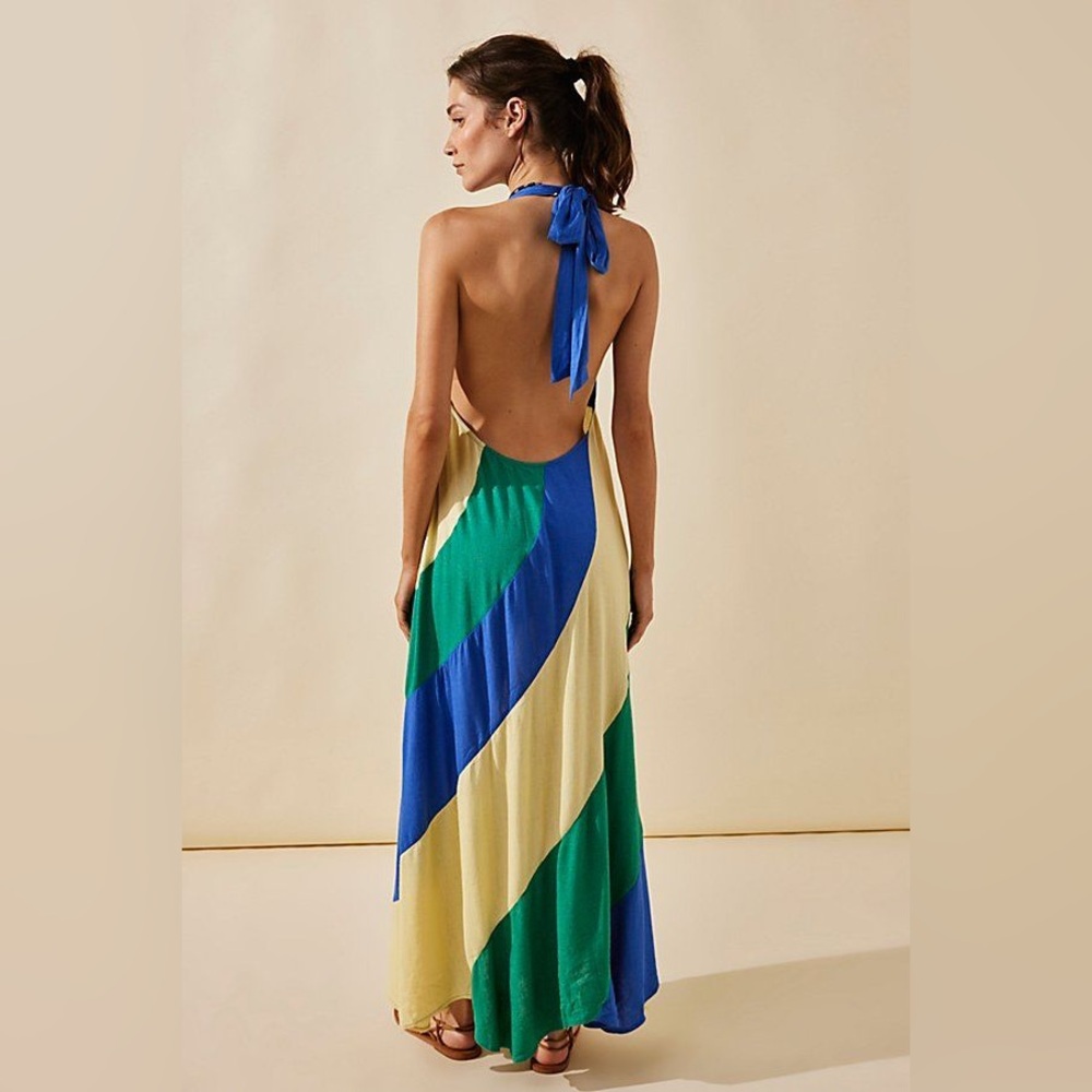 Free People Give Me A Spin Colorblock Tie Back Halter Midi Sz M NEW - Picture 3 of 4
